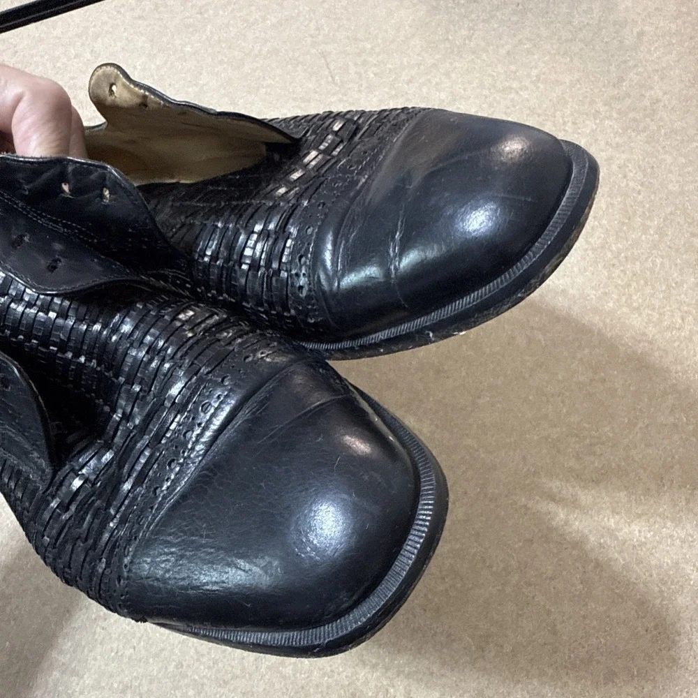 Vtg Mens 8.5 Dress Shoes Black‎ Woven Leather Cap Toe Lace Up Old Money Preppy